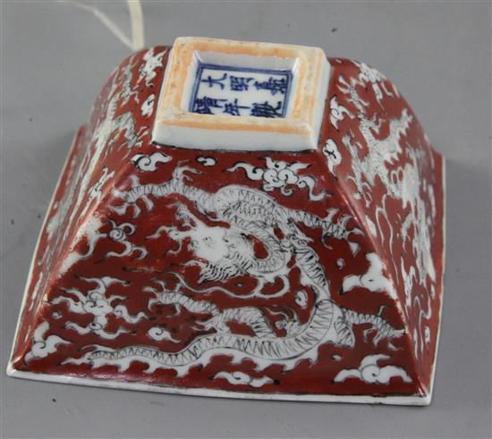 A Chinese iron-red and black enamelled dragon square bowl, Jiajing mark and perhaps of the period, width 10.6cm